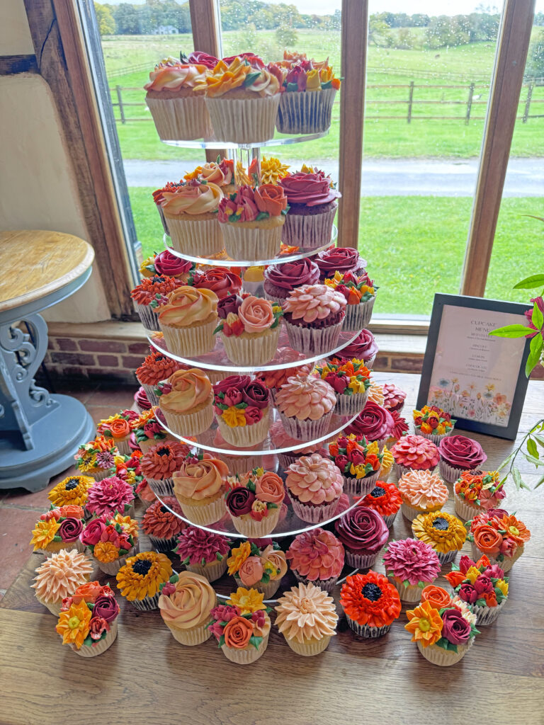 autmnal floral wedding cupcake tower at coltsfoot farm country retreat