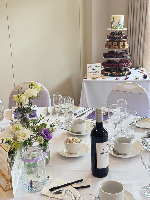 Wedding dessert table and brownie tower setup at Aldwickbury Park Golf Club in Harpenden